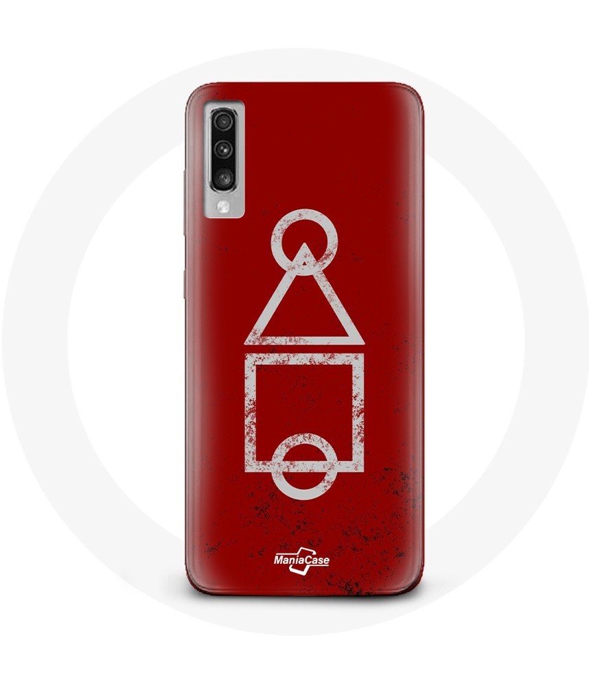 Coque pour Samsung Galaxy A50 Squid Game logo symboles cercle carre  triangle Fond Rouge